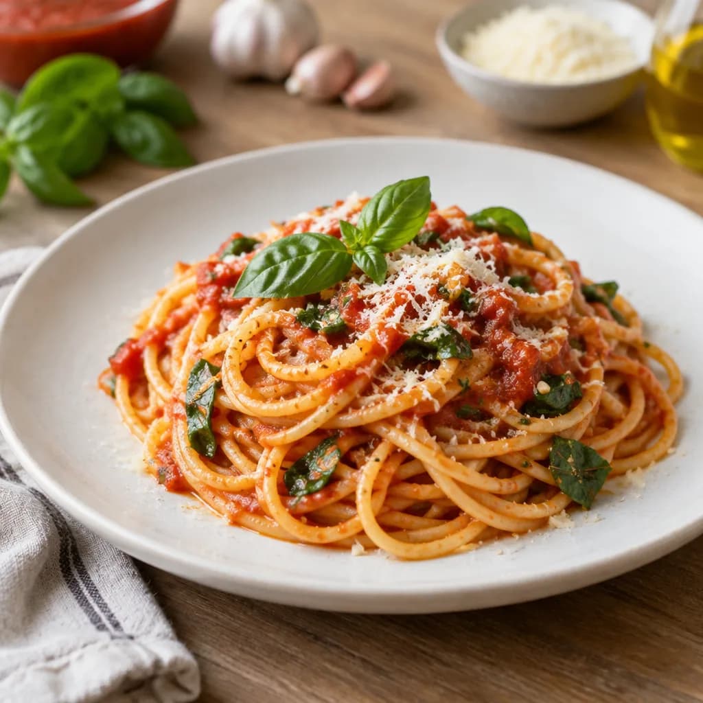 Pasta con tomate y albahaca