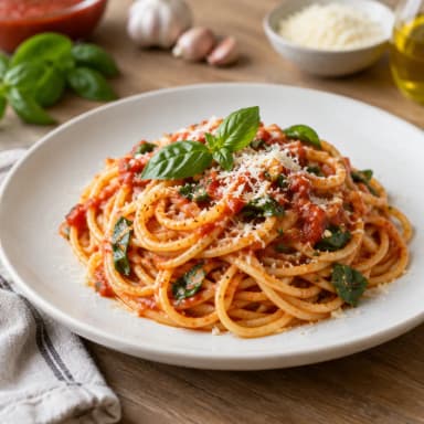 Pasta con tomate y albahaca
